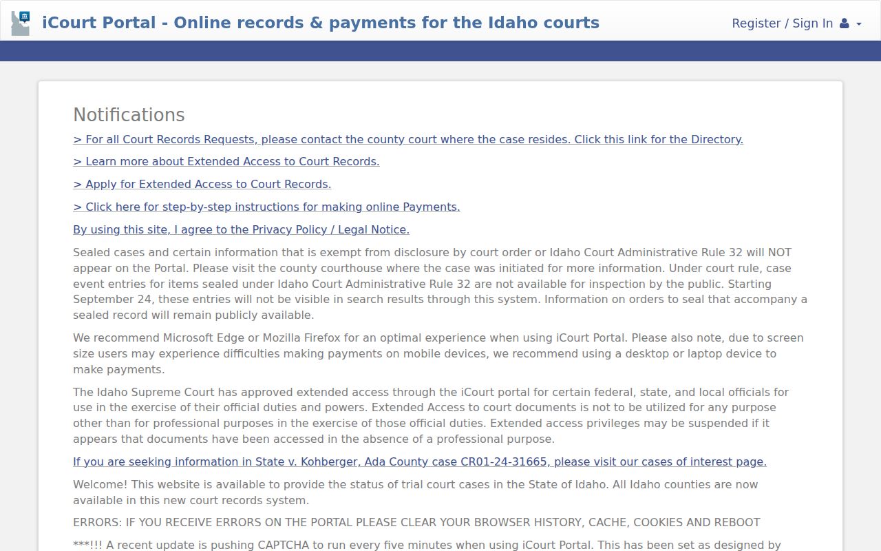 Gem County criminal case search in Idaho iCourt